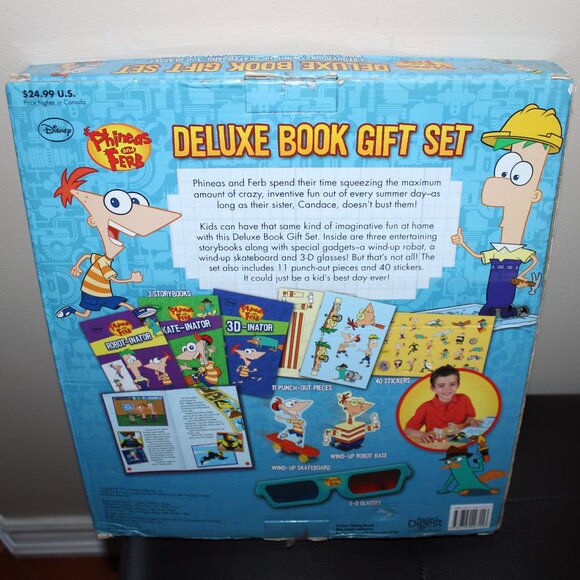 3/$88❤️PHINEAS AND FERB Deluxe Book Gift Set Skateboard 3D Glasses Wind-Up Robot - Picture 5 of 11